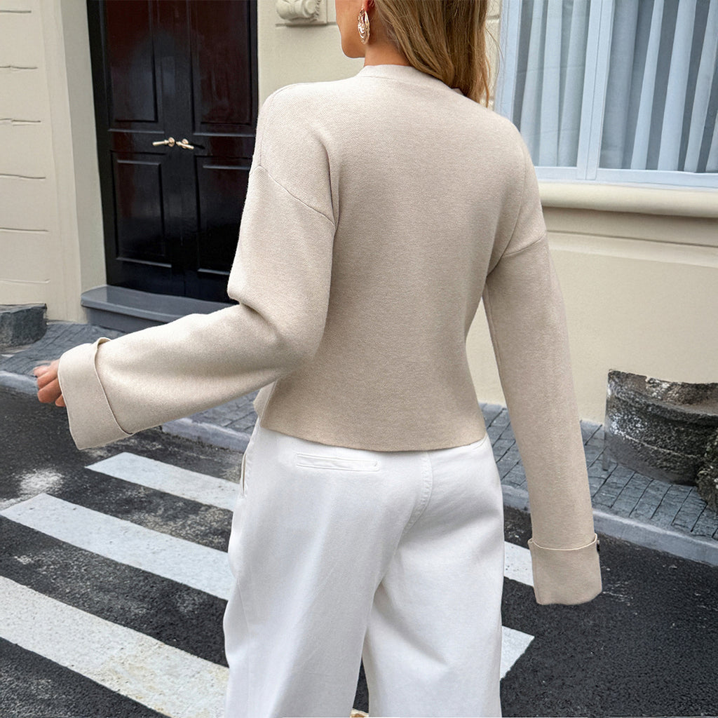 Veste courte décontractée à col en V pour femme, couleur unie