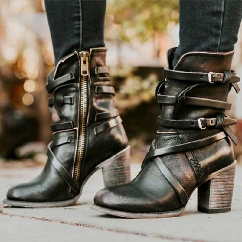 Bottines rétro pour femmes à talons hauts et épais, fermeture éclair latérale et détails à boucle