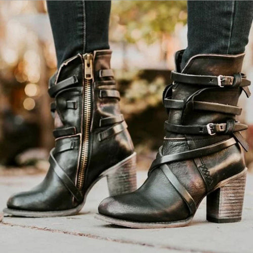 Bottines rétro pour femmes à talons hauts et épais, fermeture éclair latérale et détails à boucle