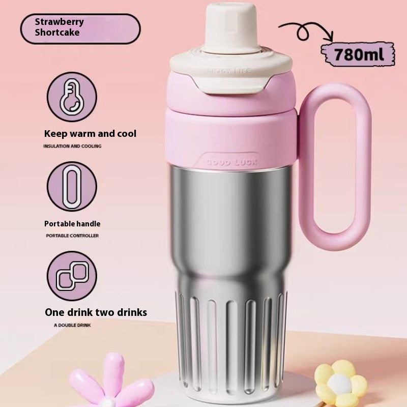 Gobelet isotherme double de 780 ml en acier inoxydable avec couvercle, grande capacité, avec paille, pour hommes et femmes.