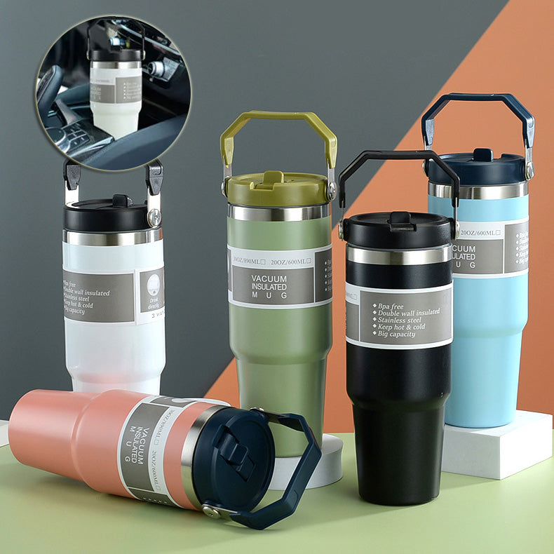 Gobelet de voiture portable en acier inoxydable, gourde de sport et de voyage avec poignée et couvercle, tasse à café