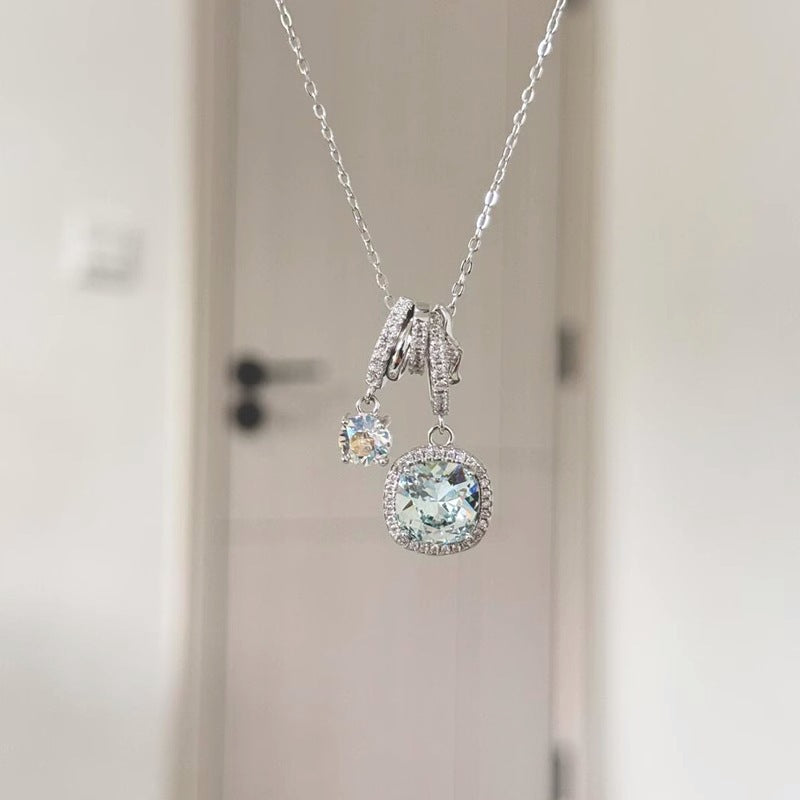 Collier en argent pur S925 avec zircon carré bleu océan limpide