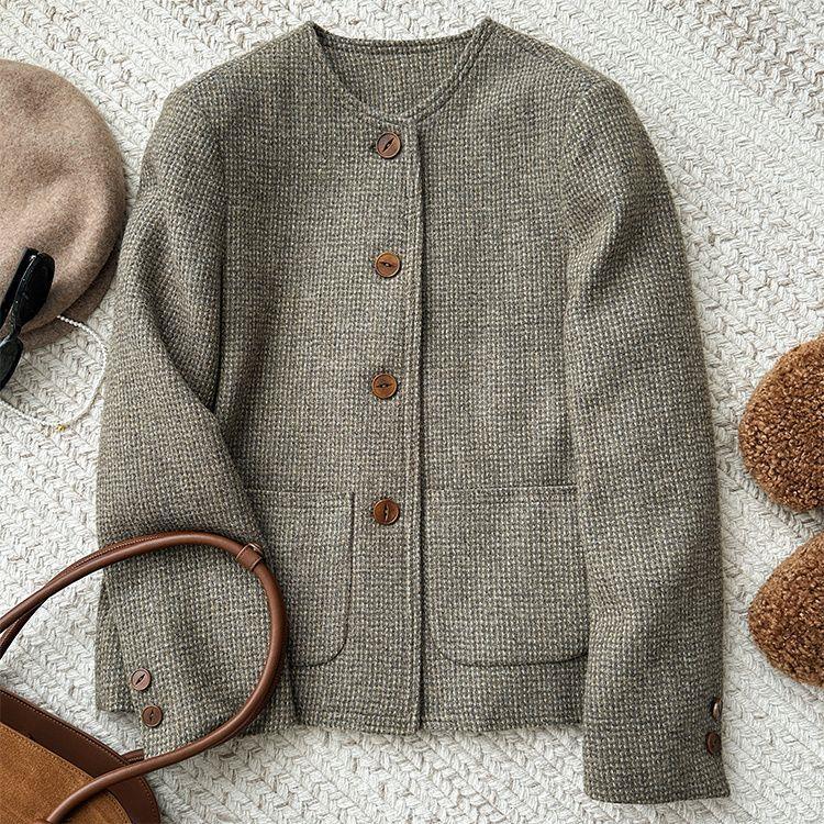 Manteau élégant en tweed vintage à col rond pour femme