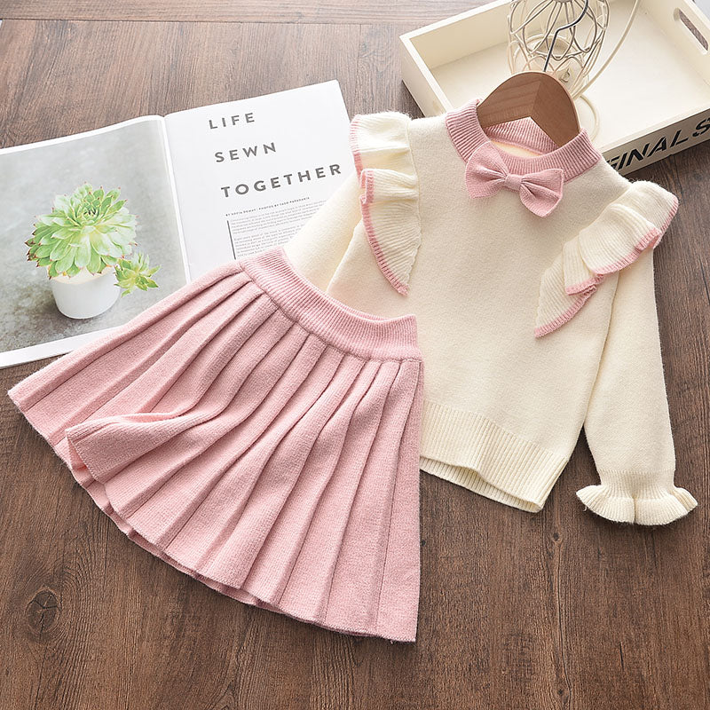 Ensemble printemps fille - Pull manches longues et jupe nœud