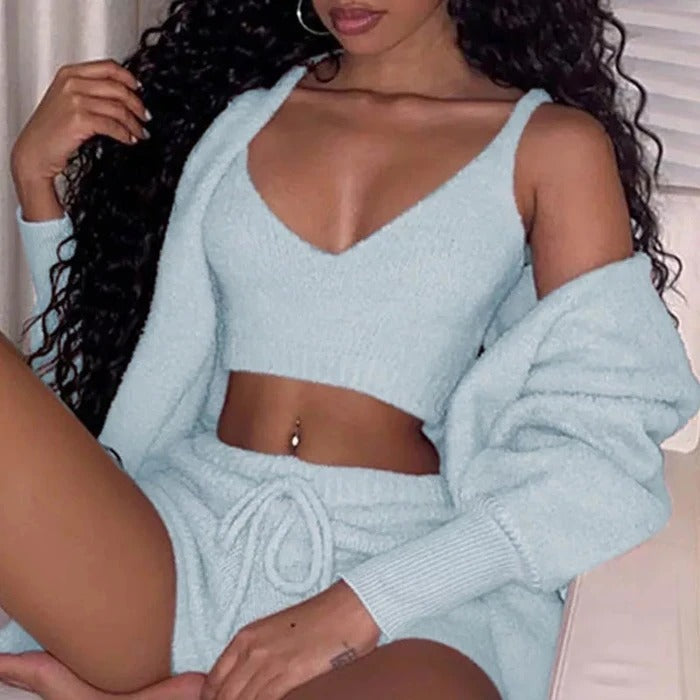 Ensemble pyjama 3 pièces pour femme : débardeur court à manches longues et short à cordon