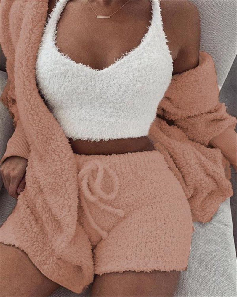 Ensemble pyjama 3 pièces pour femme : débardeur court à manches longues et short à cordon