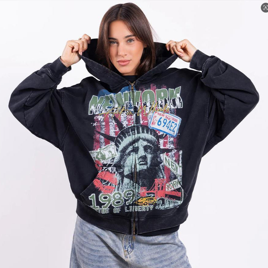 Sweat à capuche zippé imprimé vintage délavé style streetwear