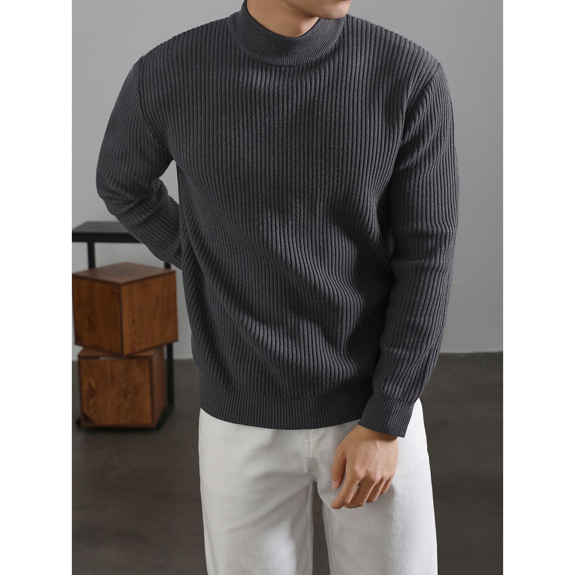 Pull mi-col roulé chaud pour homme, style coréen, à rayures verticales, idéal pour la superposition