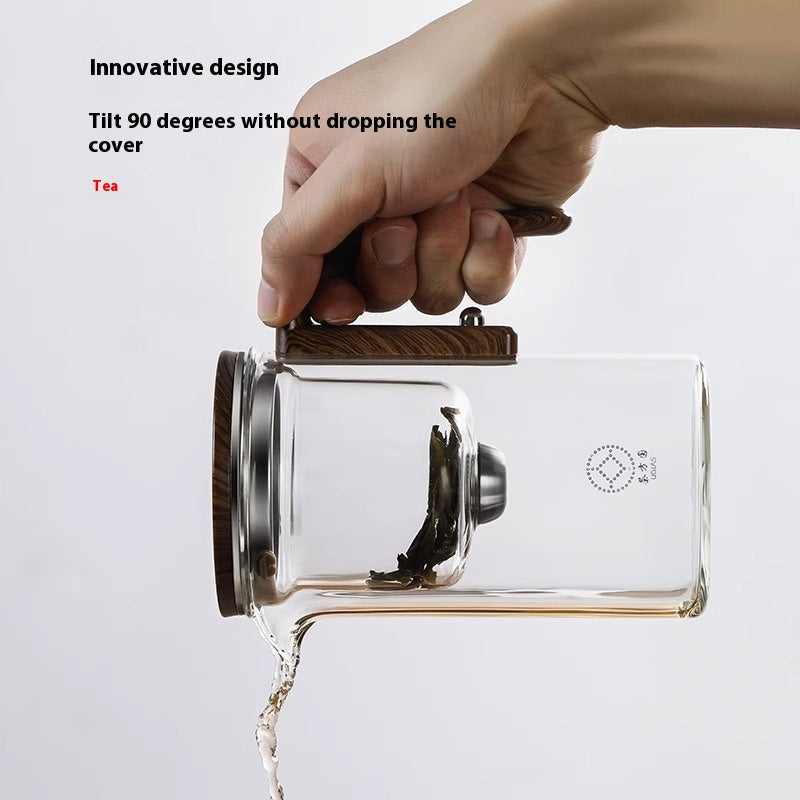 Théière magnétique à filtration par séparation en un clic, théière en verre avec manche en bois, récipient intérieur pour séparer l'eau du thé.