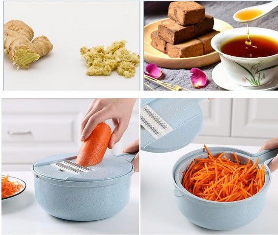 Mandoline 8 en 1 avec passoire intégrée, coupe-légumes et épluche-pommes de terre. Accessoires de cuisine.