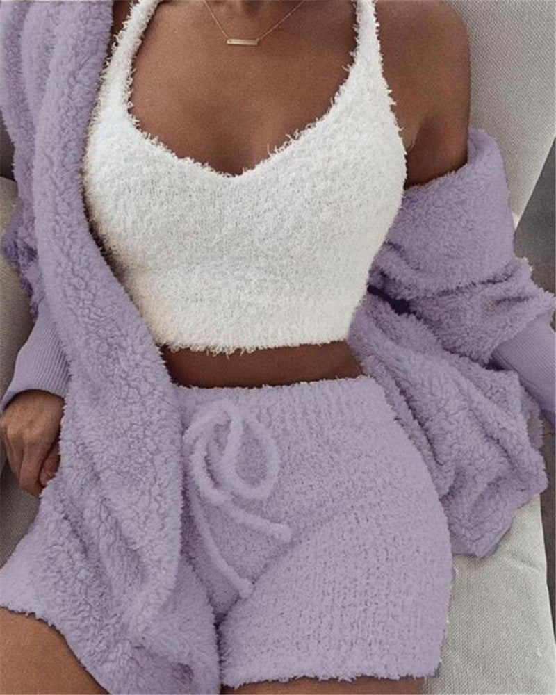 Ensemble pyjama 3 pièces pour femme : débardeur court à manches longues et short à cordon