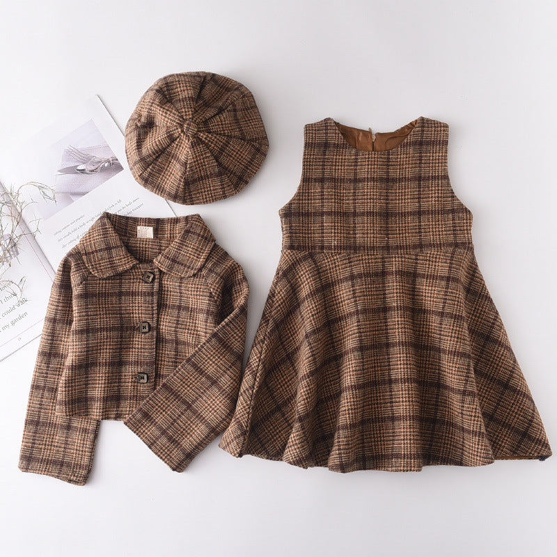 Ensemble 3 pièces fille - Gilet, jupe et béret en laine