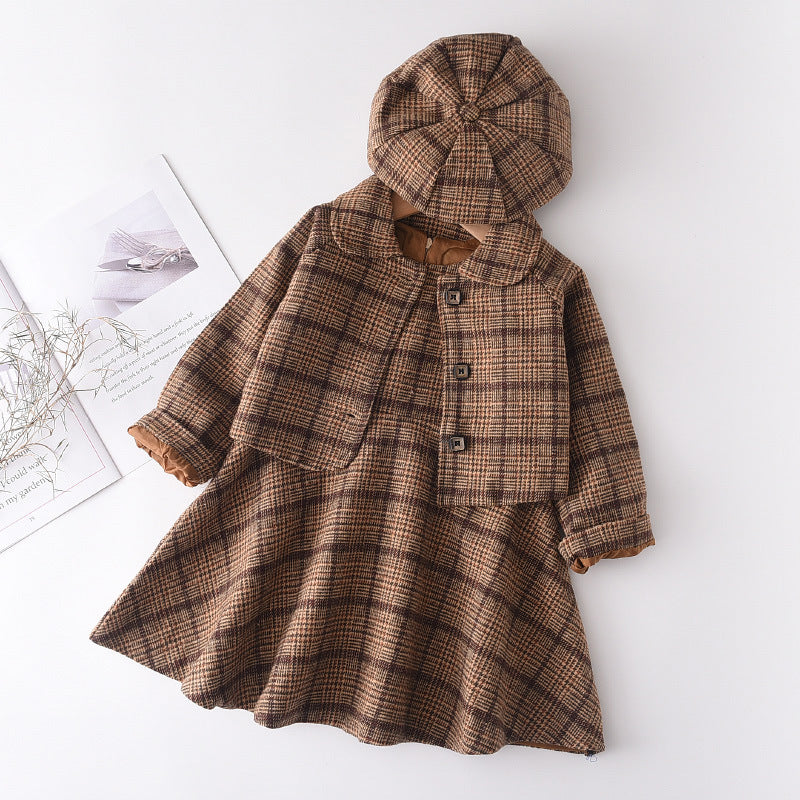 Ensemble 3 pièces fille - Gilet, jupe et béret en laine