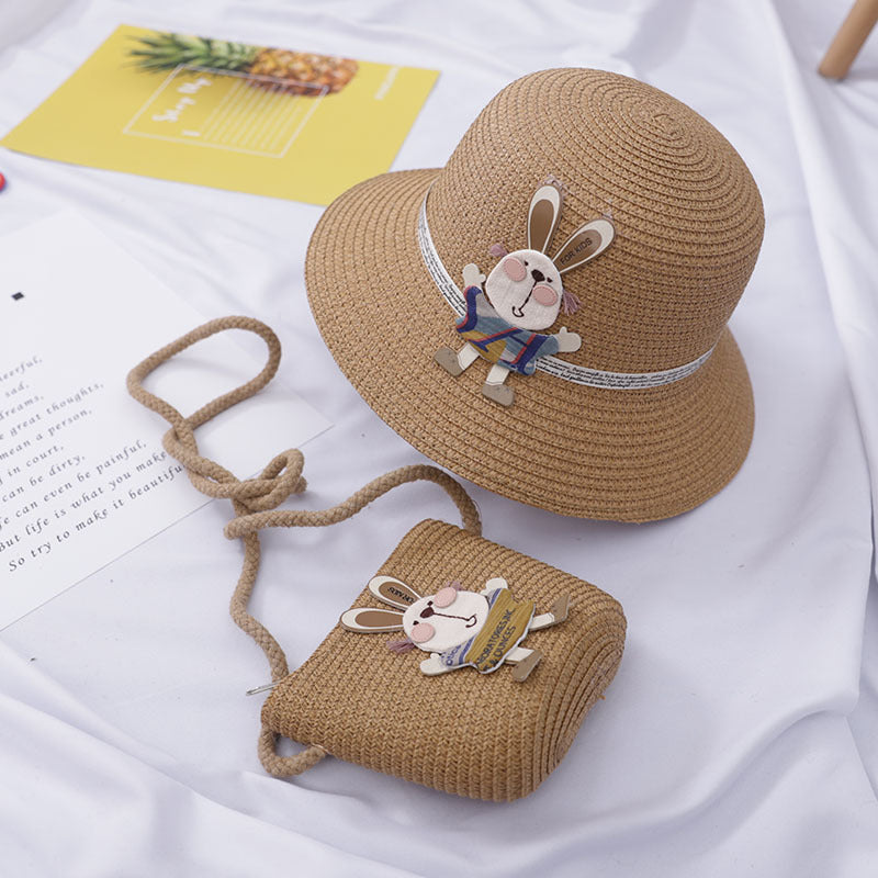 Sac à main décoré d'un adorable lapin, chapeau de paille deux pièces