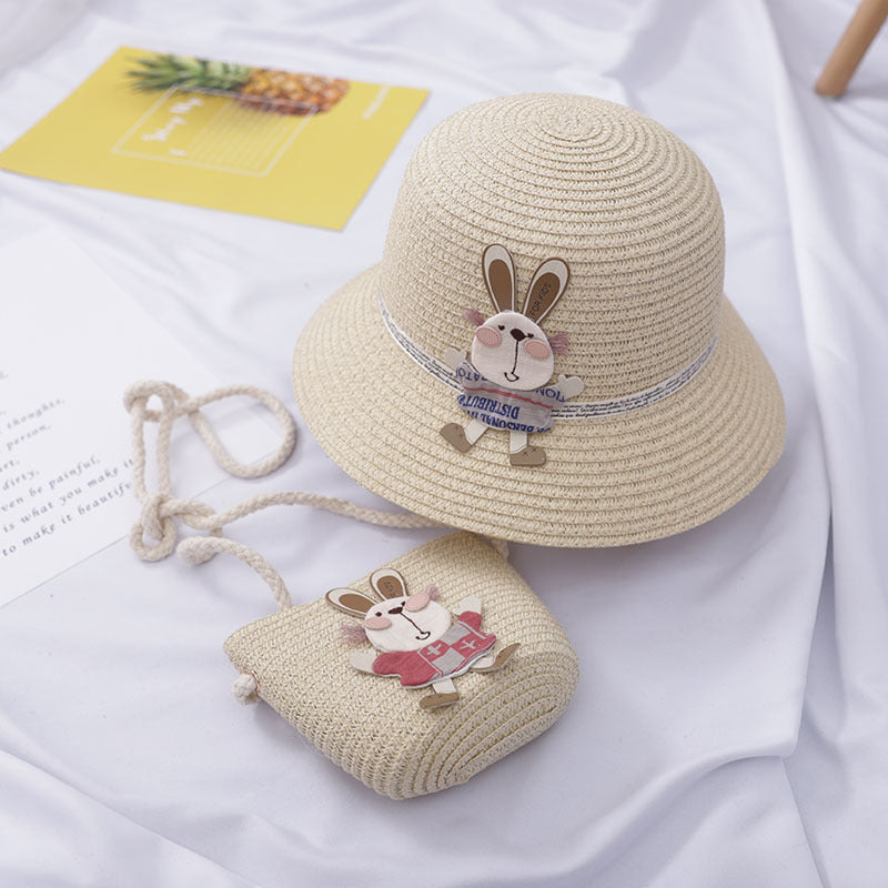 Sac à main décoré d'un adorable lapin, chapeau de paille deux pièces