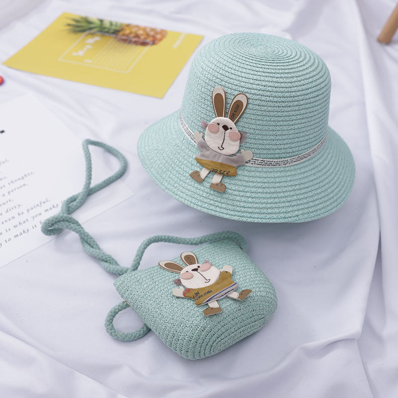 Sac à main décoré d'un adorable lapin, chapeau de paille deux pièces