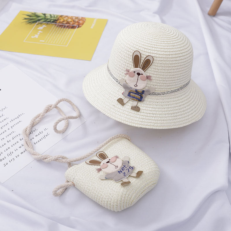 Sac à main décoré d'un adorable lapin, chapeau de paille deux pièces
