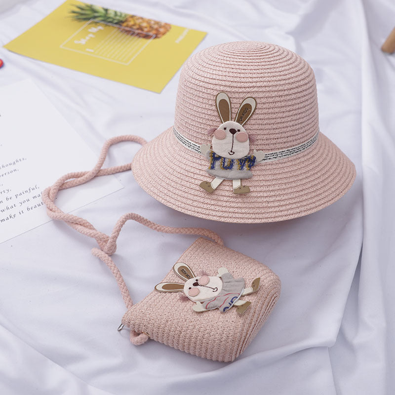 Sac à main décoré d'un adorable lapin, chapeau de paille deux pièces