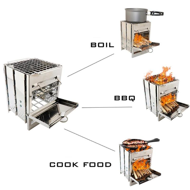 Mini réchaud à bois d'extérieur pour le camping, la cuisine et les pique-niques, grill pliable, carré, en acier, pour le bois et le charbon de bois de voyage