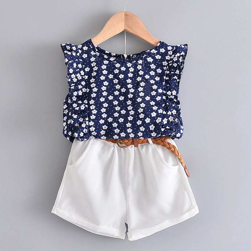 Ensemble fleuri fille - T-shirt et short avec ceinture
