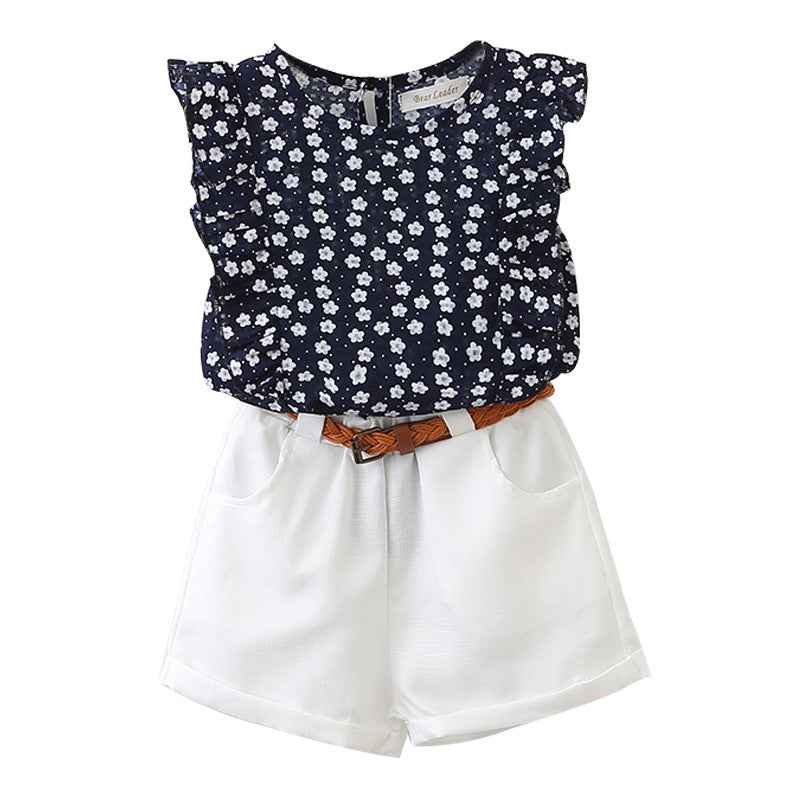 Ensemble fleuri fille - T-shirt et short avec ceinture
