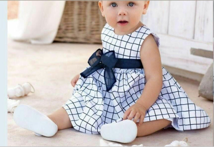 Robe fille bleu ciel à carreaux - Jupe à nœud