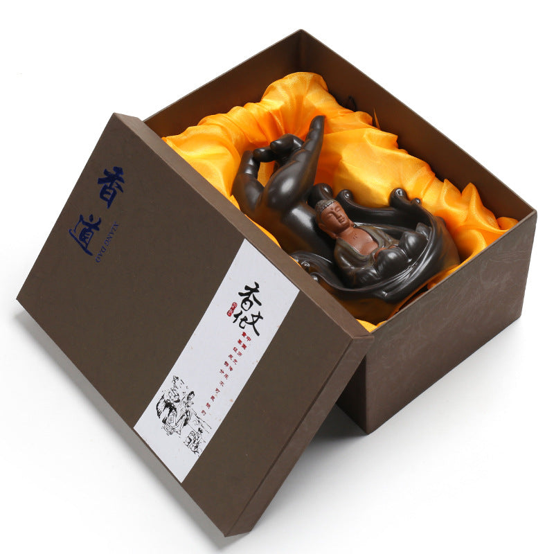 Brûleur d'encens à reflux Lotus Bergamote - Ornements créatifs - Artisanat en céramique de Guanyin Tathagata
