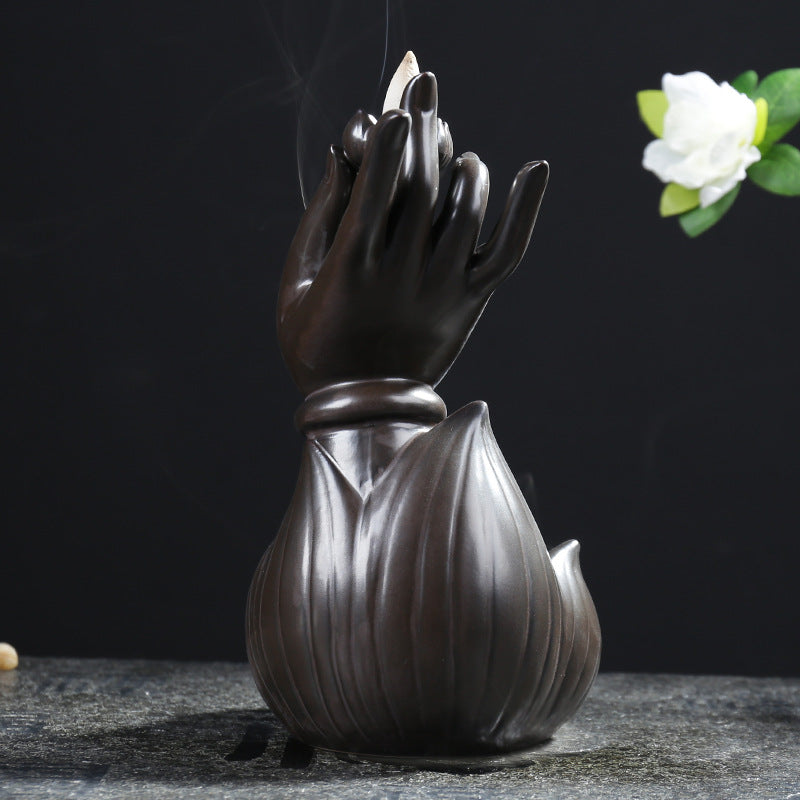 Brûleur d'encens à reflux Lotus Bergamote - Ornements créatifs - Artisanat en céramique de Guanyin Tathagata