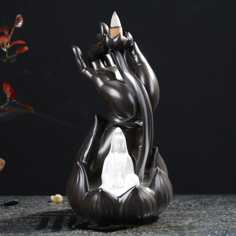 Brûleur d'encens à reflux Lotus Bergamote - Ornements créatifs - Artisanat en céramique de Guanyin Tathagata