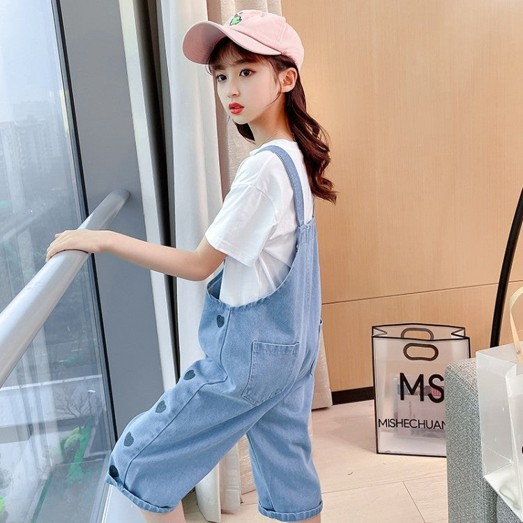 Ensemble fille - Salopette jean blanc et t-shirt coton