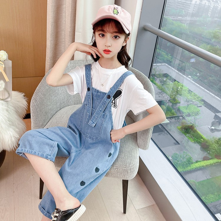 Ensemble fille - Salopette jean blanc et t-shirt coton