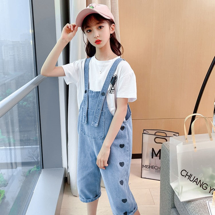 Ensemble fille - Salopette jean blanc et t-shirt coton