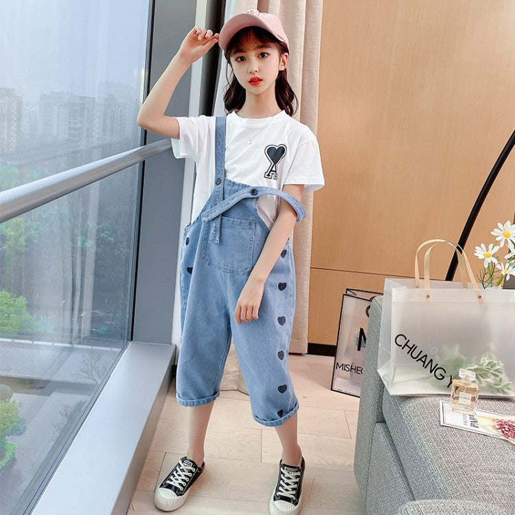 Ensemble fille - Salopette jean blanc et t-shirt coton