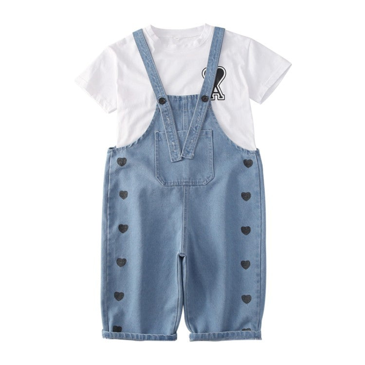 Ensemble fille - Salopette jean blanc et t-shirt coton
