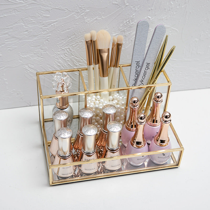 Organisateur de maquillage en verre, organisateur de cosmétiques pour salle de bain avec finitions dorées