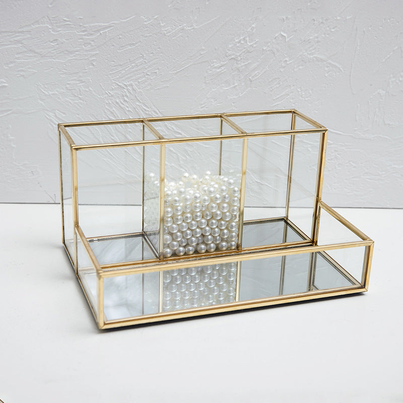 Organisateur de maquillage en verre, organisateur de cosmétiques pour salle de bain avec finitions dorées
