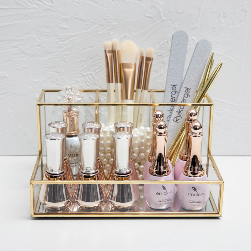 Organisateur de maquillage en verre, organisateur de cosmétiques pour salle de bain avec finitions dorées