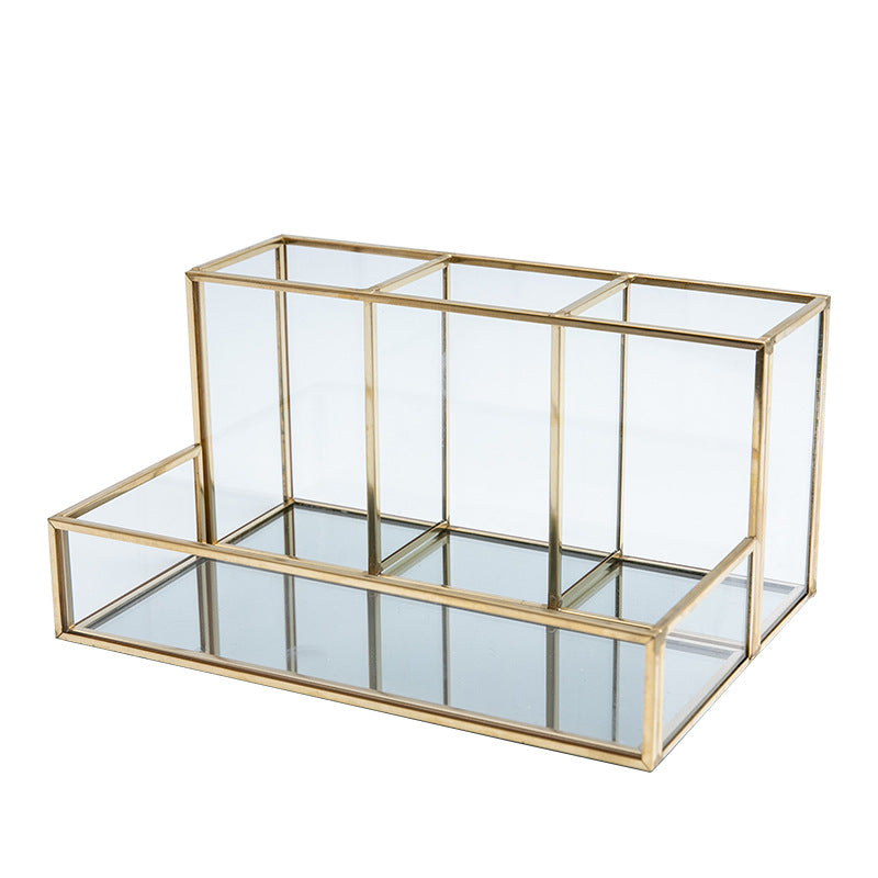 Organisateur de maquillage en verre, organisateur de cosmétiques pour salle de bain avec finitions dorées