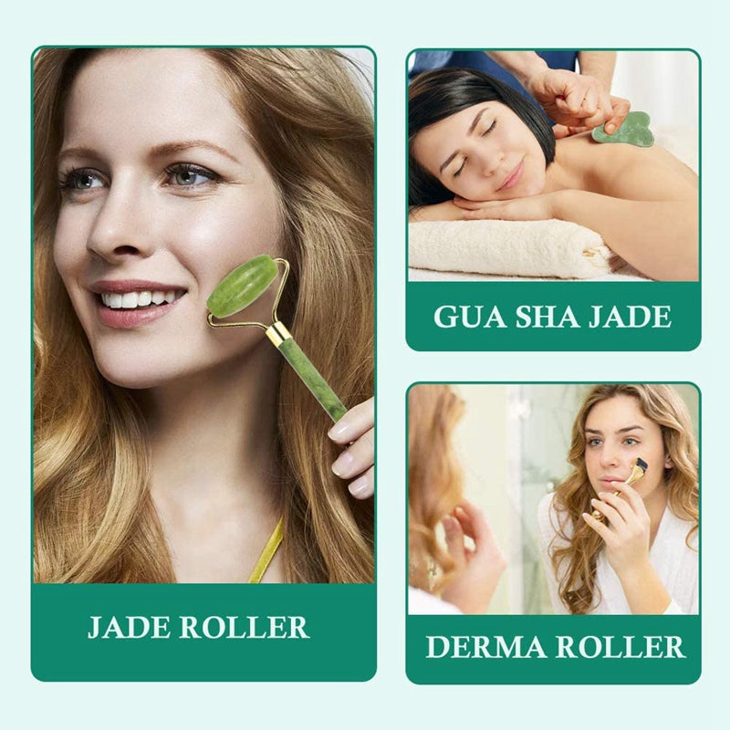 Ensemble de beauté spa comprenant un rouleau de massage en cristal et en jade à micro-aiguilles, une planche exfoliante pour le visage et des accessoires pour le visage.