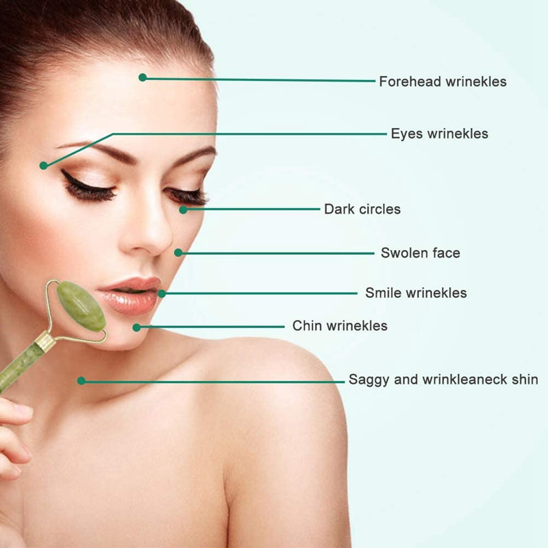 Ensemble de beauté spa comprenant un rouleau de massage en cristal et en jade à micro-aiguilles, une planche exfoliante pour le visage et des accessoires pour le visage.