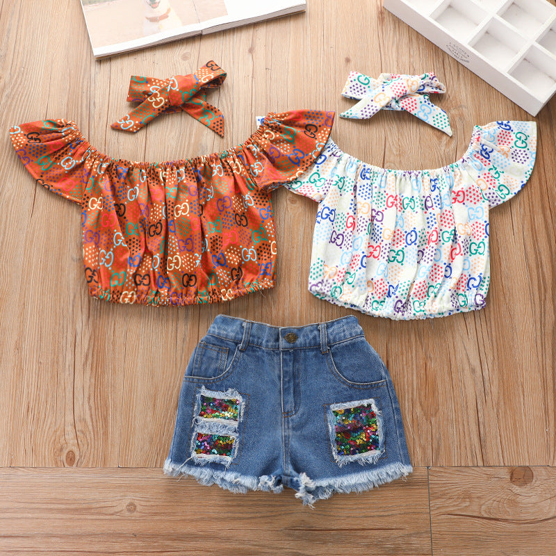 Ensemble 3 pièces fille - Pull et short jean imprimé