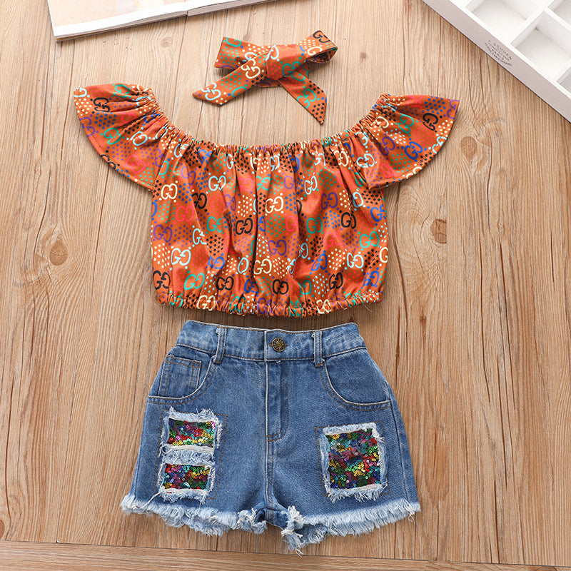 Ensemble 3 pièces fille - Pull et short jean imprimé