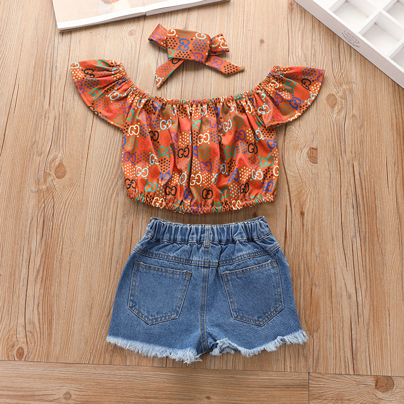 Ensemble 3 pièces fille - Pull et short jean imprimé