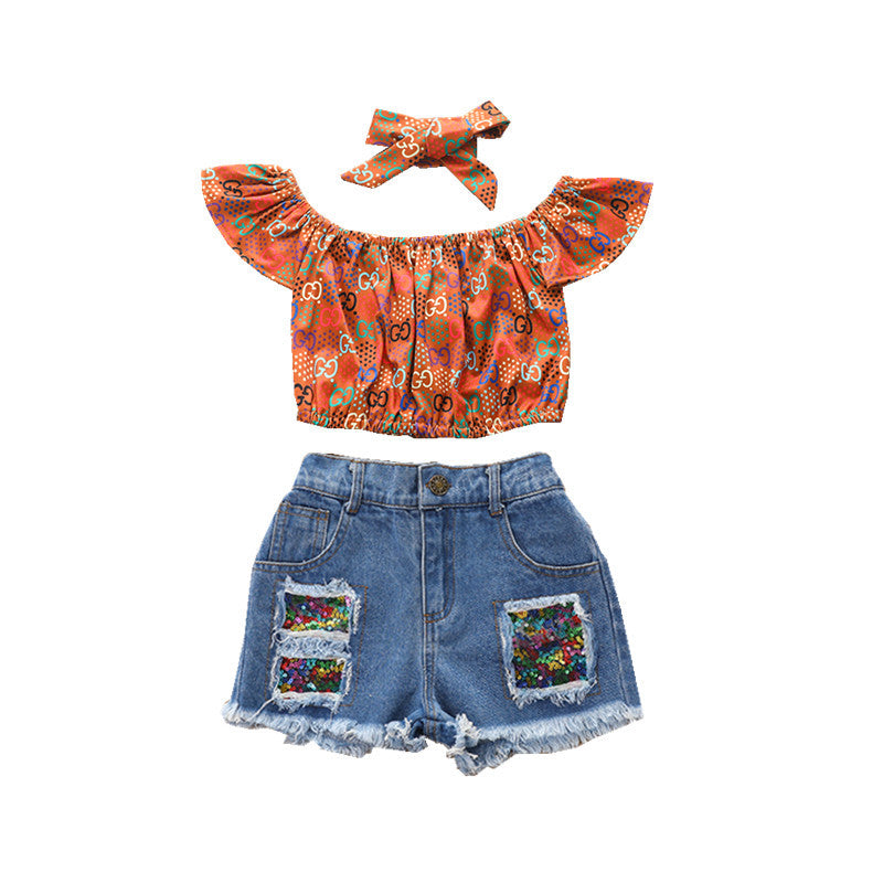 Ensemble 3 pièces fille - Pull et short jean imprimé