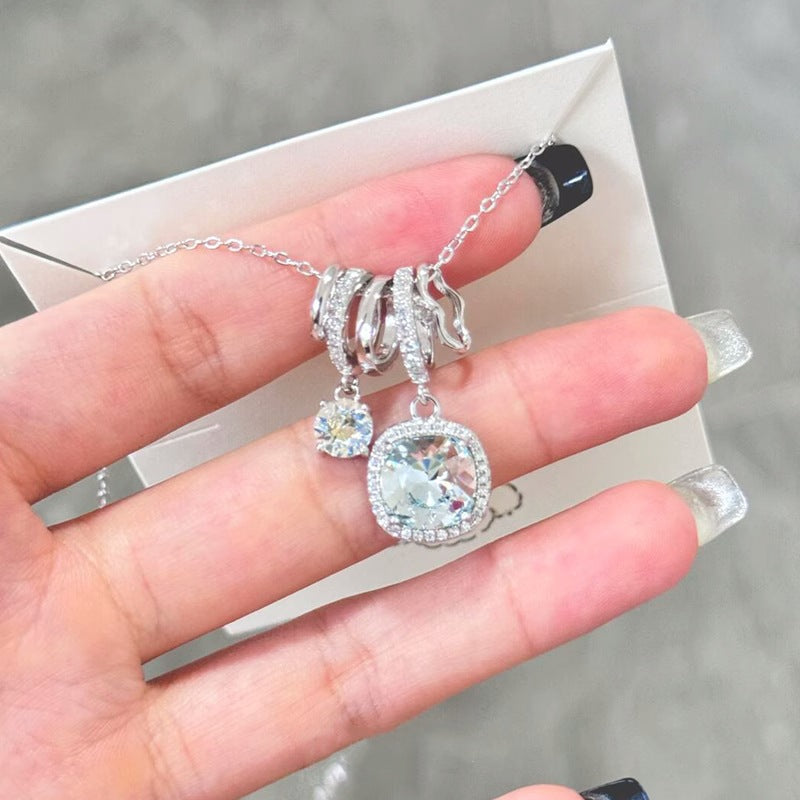 Collier en argent pur S925 avec zircon carré bleu océan limpide