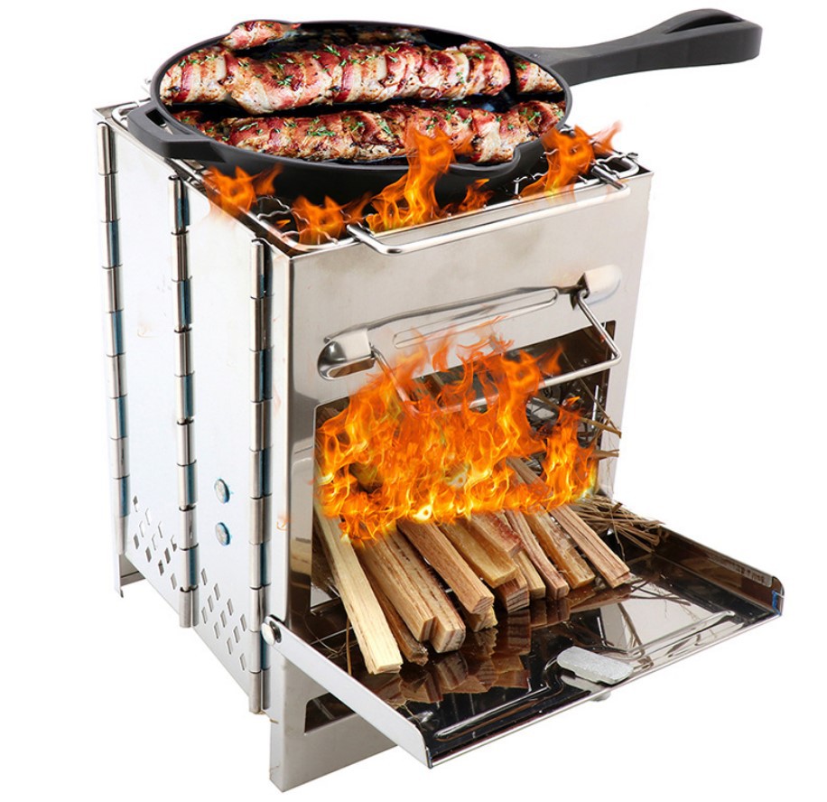 Mini réchaud à bois d'extérieur pour le camping, la cuisine et les pique-niques, grill pliable, carré, en acier, pour le bois et le charbon de bois de voyage