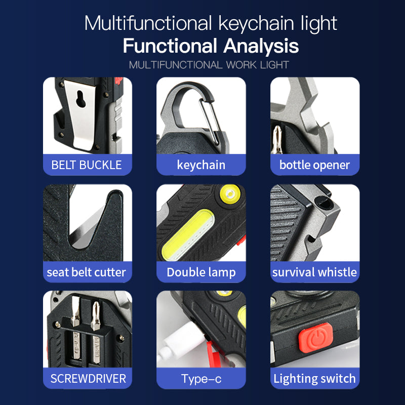Lampe de secours multifonctionnelle rechargeable, porte-clés pratique, lampe de travail, lampe LED haute luminosité COB pour la maintenance, éclairage de camping en extérieur.