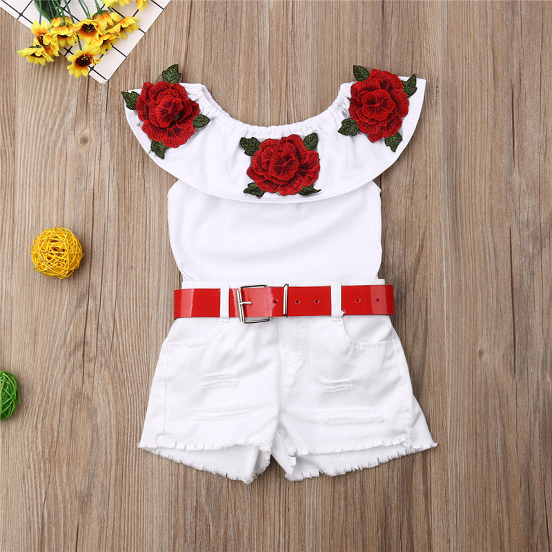 Ensemble fille - Short jean et haut rose