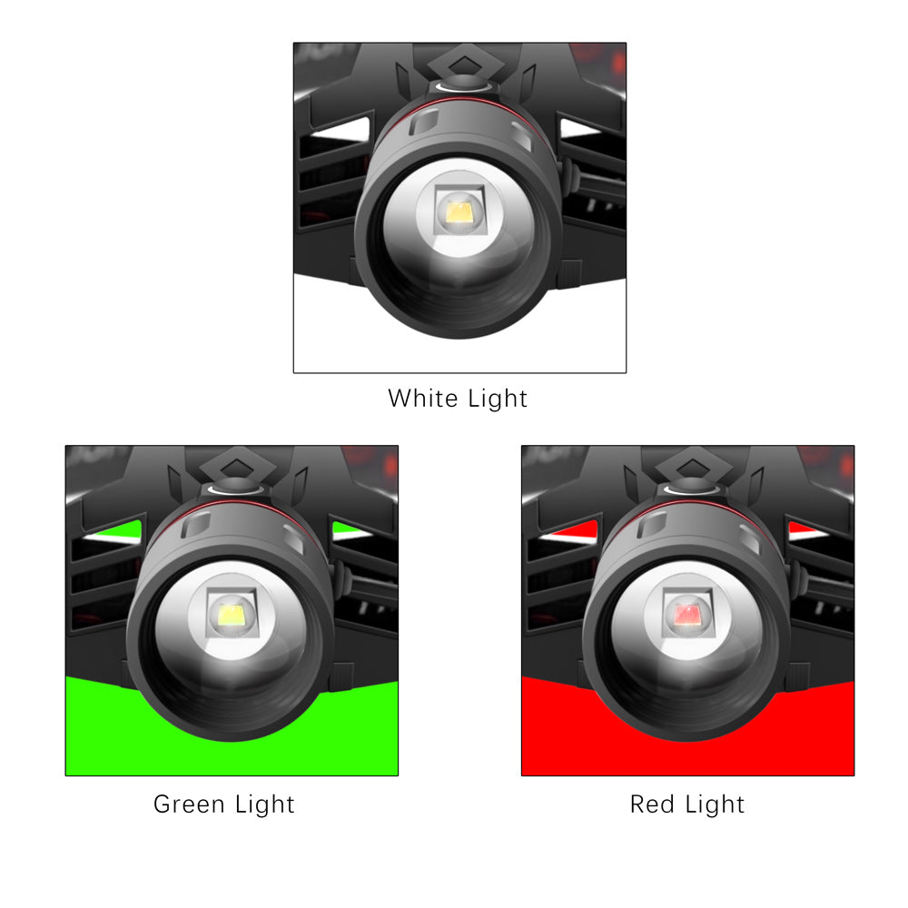 Lampe frontal, Phare zoom T6 à lumière blanche, verte et rouge