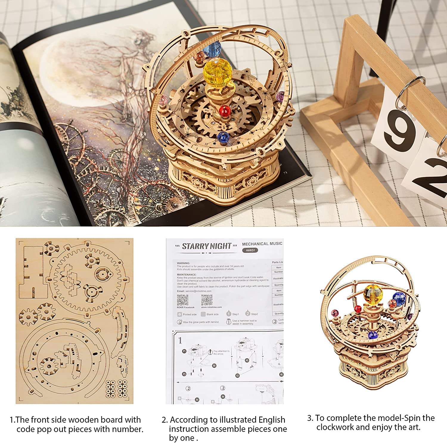 ROKR Boîte à musique mécanique rotative Nuit étoilée, puzzle 3D en bois à assembler, jouet pour enfants - AMK51